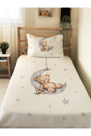 Ayda Teddy Bear Patterned Baby And Kids Printed Single Pique Set 160x230 White 83921 - Evmila