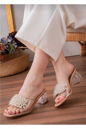 AYL-01 incili taşli şeffaf topuklu 5 cm kadın terlik şık ve rahat - Bilalim Shoes