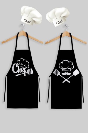 Ays Home Black Cook Chef Küchenschürzen-Set mit Doppelhut (2 Hüte und 2 Schürzen) - Ayshome