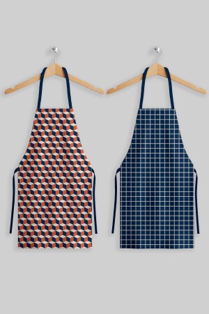 Ays Home Navy Blue Orange Checkered Kitchen Apron Set of 2 AYSO421 - AYSHOME