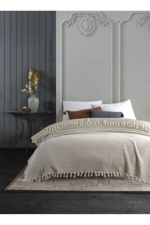 Azure Beige Double Duvet Cover 200 x 230 cm Bed Armchair Sofa Cover Cotton Woven Tassels Mk-16001 - Lux Touch
