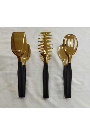 B 3 Piece Black Titanium Gold Serving Tongs Set CMDBMŞS04 - BRONDOFF