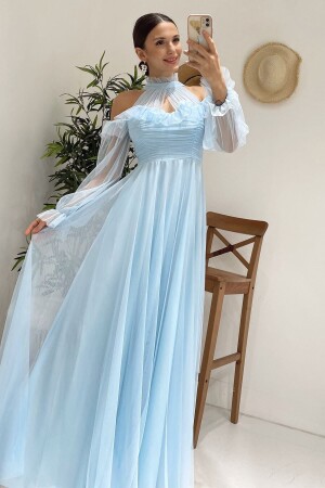 Baby Blue Tulle Draped Plus Size Evening Dress - Zks Grup Tekstil
