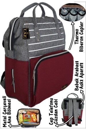 Baby Care Bag Mother Baby Care Backpack - STRIPED GRAY CLARET RED 38BCKPVB - USF