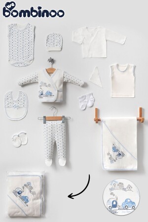 Baby Cart Train 11 Piece Hospital Release Newborn Bodysuit Set Blue - Bombinoo
