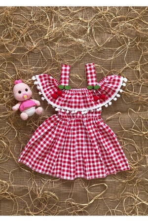 Baby Girl Checkered Cherry Detailed Luxury Dress with Above Sleeve Detail - Fk Hera Store
