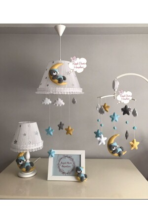 Baby- und Kinderzimmer-Kronleuchter-Set, mobiler Mond-Teddybär, gelb, grau, blau, Set mobiler blauer Teddybär - Keçeli parti hayalleri
