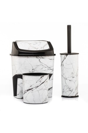 Badezimmer-Set, Mülleimer, WC, Toilettenbürste, Becher, 3er-Set, weißes Marmormuster, geruchlos, Badezimmer-Set, Badezimmerset aus weißem Marmor, Marmormuster - Genel Markalar