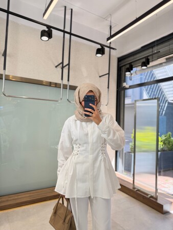 Bağcık Detaylı Poplin Gömlek - Beyaz - Nuuwears