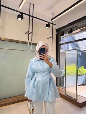 Bağcık Detaylı Poplin Gömlek - Mavi - Duendeca