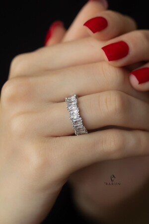 Baget Yüzük Tektaş Tam Tur Alyans Pırlanta Görünümlü 925 Ayar Zirkon Taşlı Beyaz Silver Gümüş Yüzük - By Barun Silver