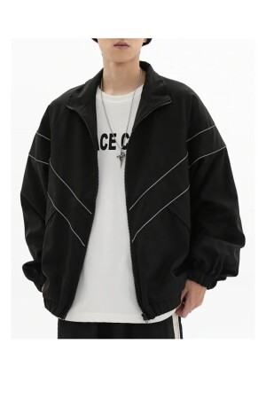 Baggy Vintage Siyah Zip Detail Paraşüt Kolej Ceket - Gofeel
