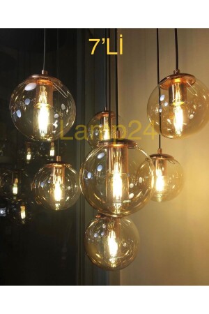 Bali Series 7-Piece Modern Pendant Lamp Chandelier - Copper Color Coating and Honey Color Glass TRK-GLOPBKR - Lamp24