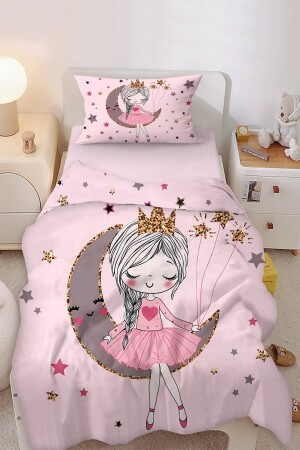 Ballerina Princess Fairy Girl Sitting on the Moon Patterned Single Baby Kids Bedding Set - Bebişim Halı