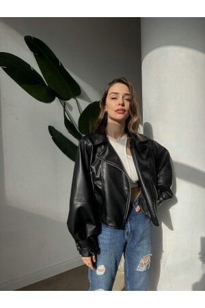 Balloon Sleeve Black Leather Jacket - Mypagebutik