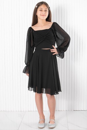 Balloon Sleeve Chiffon Evening Dress Black MDV934 - Subu Tasarim