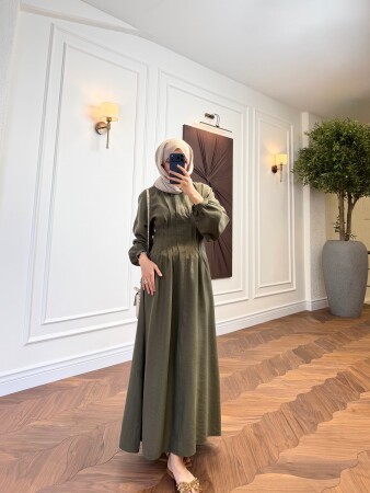 Balloon Sleeve Draped Dress - Khaki - Duendeca