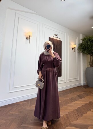 Balloon Sleeve Draped Dress - Plum - Duendeca