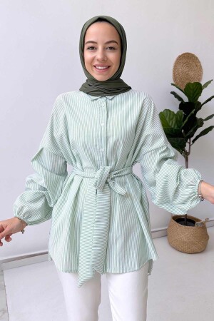 Balon Kol Çizgili Gömlek - Yeşil - Ka Hijab