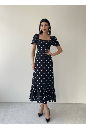 Balon Kol Kare Yaka Puantiyeli Uzun Elbise - Sonreir