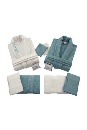 Bamboo Alie Bathrobe Set Cream-Petrol (10 Pieces) code-550-cream-petrol - Nurpak