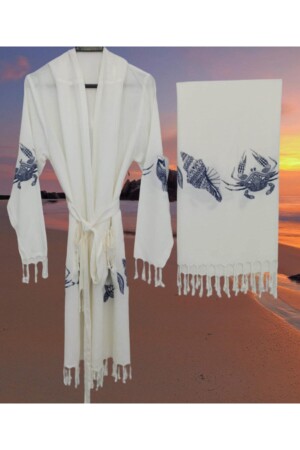 Bamboo Caretta Hooded Peshtemal Bathrobe and Peshtemal Towel Set 36590 - Nevin Acar