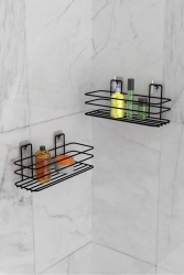 Banyo Düzenleyici Şampuanlık Sabunluk Yapışkanlı 2 Adet Banyo Rafı Mat Siyah Duş Rafı Organizer eva-metal6516984 - EVA METAL TASARIM