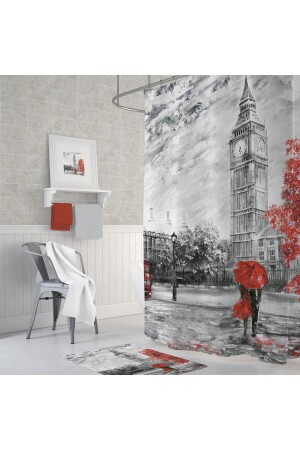 Banyo Perdesi Bigben Londra Desenli Baskılı Solmaz Su Geçirmez Duş Perdesi 12 C Halka Hediye 180x200 - Tropikhome