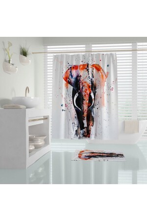 Banyo Perdesi Fil Desen Watercolor Baskılı Solmaz Su Geçirmez Polyester Kumaş Duş Perdesi C Halkalı - Tropikhome