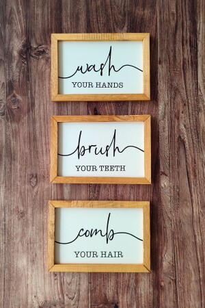 Banyo- Wash Your Hands- Brush Your Teeth- Comb Your Hair- Ahşap Çerçeveli Tablo Seti - Wooden Factory
