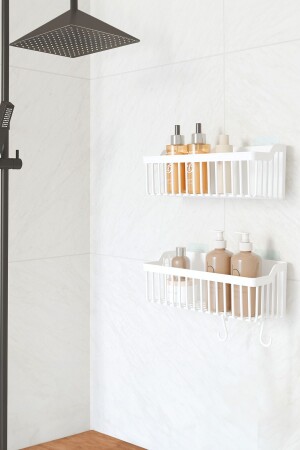Banyor Yapışkanlı Banyo Rafı- 2'li Banyo Düzenleyici Organizer Banyo Duş Rafı Şampuanlık- Plstik - Ata Home