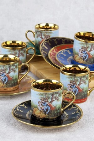 Baroque Figured Colored Gold Porcelain Coffee Cup Set for 6 People 0108 Acar SYT-22-0108 Cup Set - ACAR