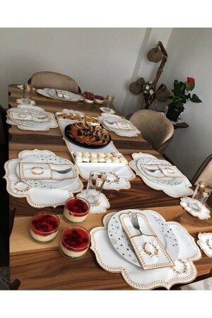 Başak Cream Gold Tablecloth 19 Piece Runner Set for 6 Persons Embroidered Leather Food Presentation Set - Teksev