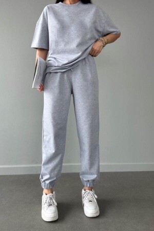 Basic T-shirt Eşofman Altı Jogger - Gri Düz Alt Üst Eşofman Takımı Oversize Bisiklet Yaka - Dubu Butik