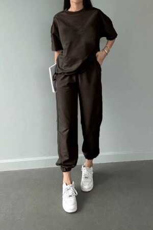 Basic T-Shirt Eşofman Altı Jogger - Kahverengi Düz Alt Üst Eşofman Takımı Oversize Bisiklet Yaka - Dubu Butik