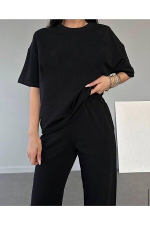 Basic T-shirt Sweatpants Jogger - Black Plain Bottom Top Tracksuit Set Oversize Crew Neck - Dubu Butik