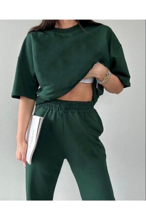 Basic T-shirt Sweatpants Jogger - Green Plain Bottom Top Tracksuit Set Oversize Crew Neck - Dubu Butik