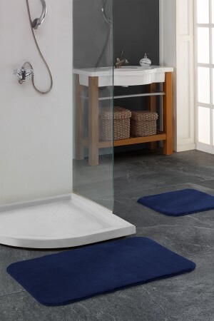 Bath Mat Set 2 Pieces Non-Slip Based Plush Woven Doly Navy Blue - Elart