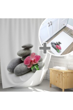 Bath Mat Set - Stone Pattern Bath Curtain Set - Washable Mat And Shower Curtain Set - With C Ring - Tropikhome