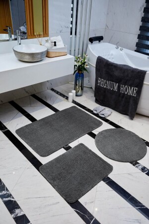 Bath Mat Triple Set Anthracite Color Plush Non-Slip Base Washable 60x100 - 60x40 - 60x60 - Regnum Halı