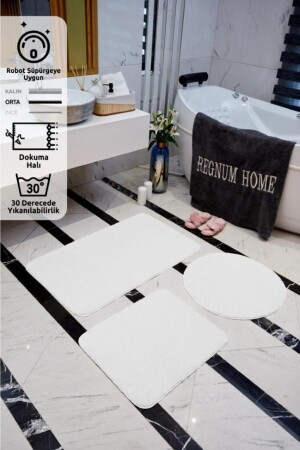 Bath Mat Triple Set White Color Plush Non-Slip Base Washable 60x100 - 60x40 - 60x60 Y3BH4 - Regnum Halı