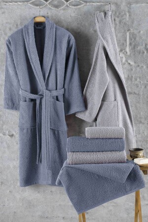 Bathrobe Family Set 100% Cotton 6 Pieces Natural Blue - Elart