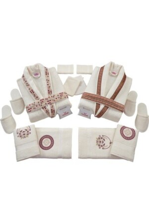Bathrobe Set 100% Cotton Cream-burgundy (16 PIECES) code-512 8680656649994 - Nurpak
