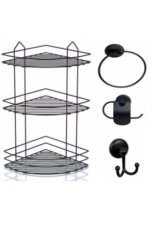 Bathroom Accessory Set of 4 Black - Lifetime Stainless Corner Rack Shower Shelf Shampoo Holder Black Ek-03 - Sas Haus