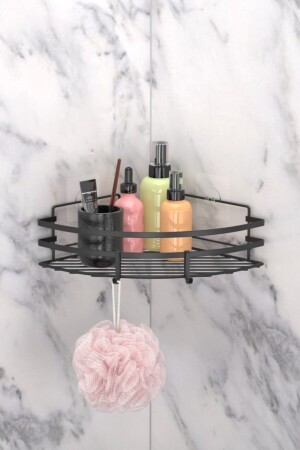 BATHROOM CORNER SHELF WITH ADHESIVE HOOK MATT BLACK ST107H - Teknotel