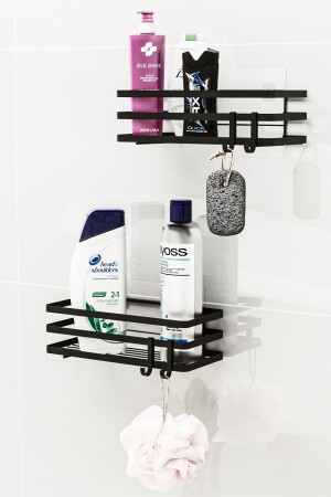 Bathroom Organizer Shampoo Holder Soap Dish Set of 2 Label Adhesive Shower Shelf Organizer with 4 Hangers - Bino