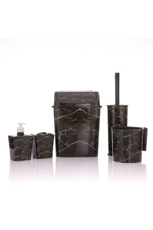 Bathroom Set 5-Piece Trash Can WC Toilet Brush Mug Soap Dish Brush Holder 5-Piece Black Marble Patterned blackmarble pattern4set - okacih