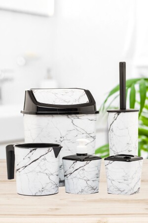 Bathroom Set Dustbin Toilet Brush Mug Soap Dish Toothbrush Holder 5 Pieces 5 Pieces White Marble Pattern NewBathroomSet4pcs - okacih