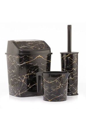 Bathroom Set Trash Can WC Toilet Brush Mug Set of 3 Black Marble Patterned Odorless Bathroom Set 3pcsblackmarblepatternbathroomset - okacih
