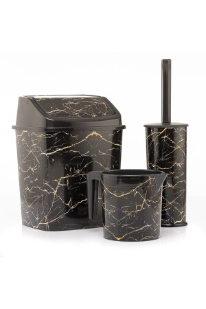 Bathroom Set Trash Can WC Toilet Brush Mug Set of 3 Black Marble Patterned Odorless Bathroom Set gnc6543 - Genel Markalar